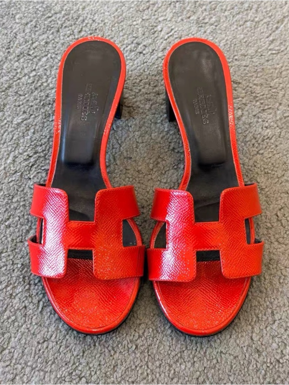 🚩steal Hermes Red Patent Leather Oran Slide Mule